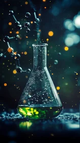 Photorealistic lab flask with molecular structures in bokeh field.