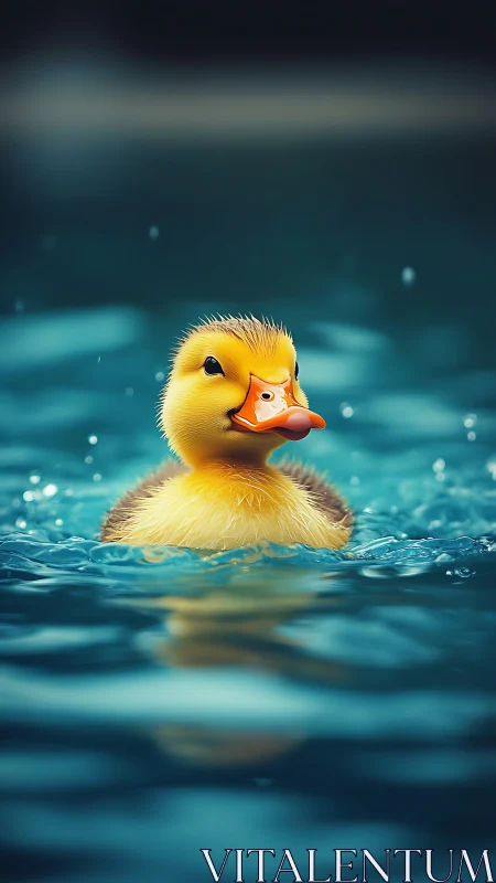 Yellow duckling swimming on calm blue water surface.