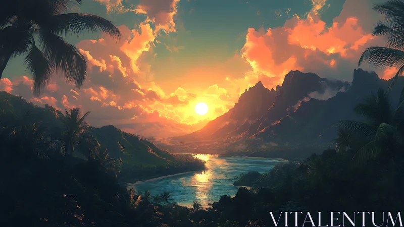 Digital painting of tropical river valley at radiant sunset.