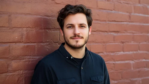 Man in dark shirt standing against red brick wall outdoors.