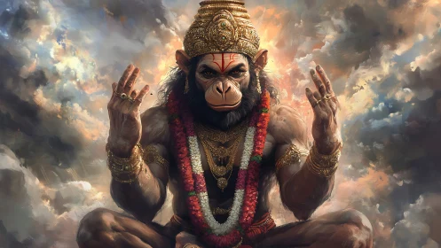 Simian deity in meditative asana amid turbulent cloudscape.
