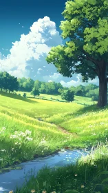 Digital painting landscape with luminous meadow perspective.
