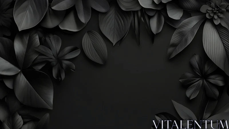 Monochrome botanical relief with matte black foliage border.