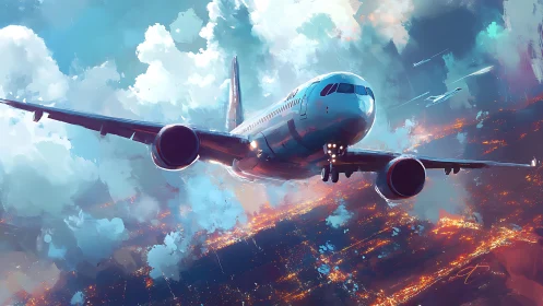 Passenger jet soars above glowing night city through clouds