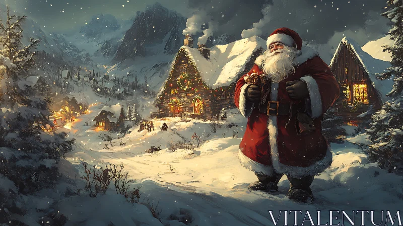 Snowbound Santa surveying illuminated alpine workshop village.