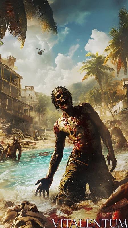 Bloodied zombie staggers through ruined tropical resort.