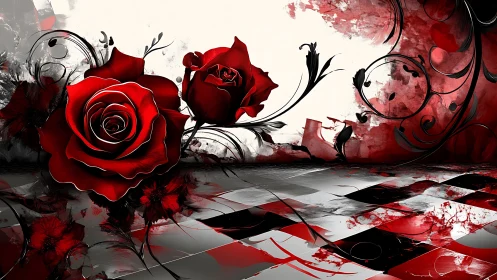 Red roses on abstract red, black and white patterned ground.