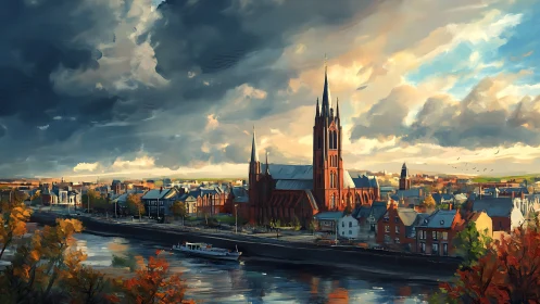 Riverside town skyline shows cathedral under dramatic clouds