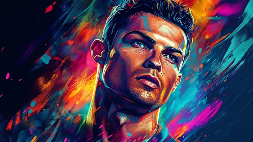 Neon-lit male portrait with dynamic multicolor brushstroke aura