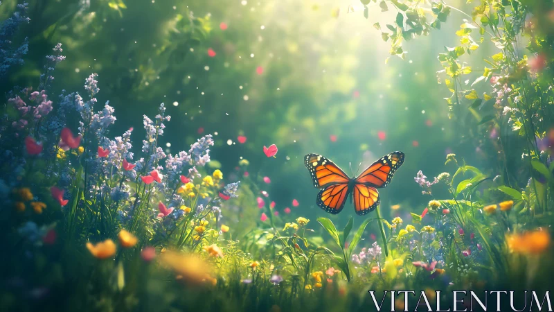 Sunlit monarch butterfly drifts gently above a lush spring meadow