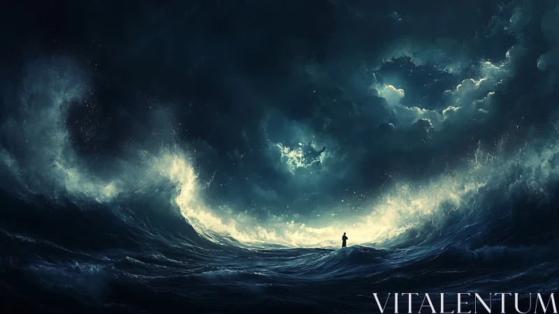 Lone figure amid towering storm waves under glowing sky.