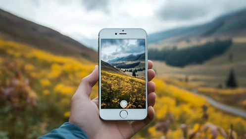 Phone-framed valley dream where wildflowers meet clouds.