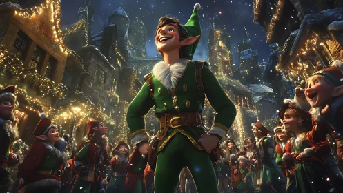 Joyful Christmas elf leading a sparkling village celebration.