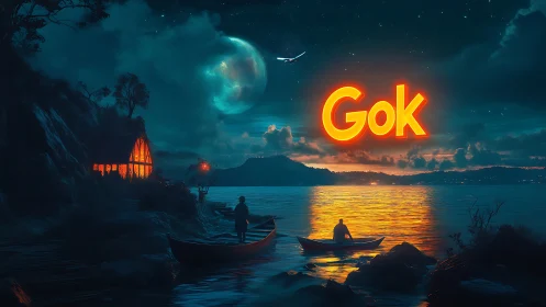 Night lake scene shows glowing text above reflective water