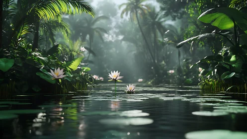 Serene jungle lily pond under misty morning light.
