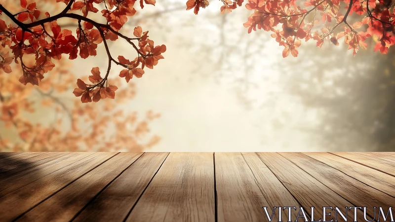 Wooden table surface under red foliage in soft focus light.
