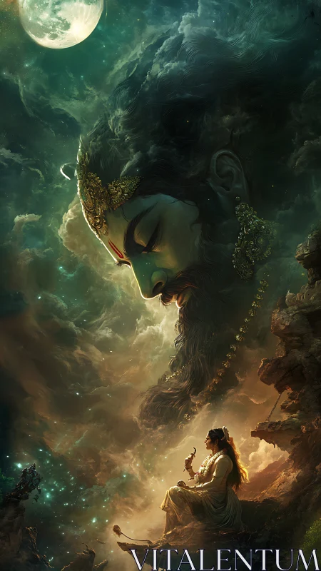 Cosmic deity visage over meditative figure in nebular night