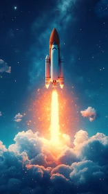 Space shuttle launch above clouds with bright exhaust plume.