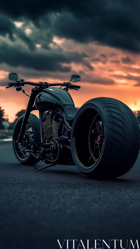 Low-angle analysis of wide-tire custom motorcycle at dusk.
