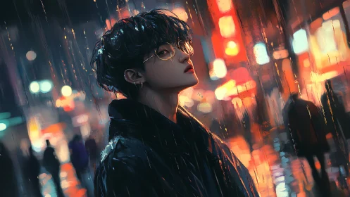 Midnight rain wraps a reflective soul in neon city light