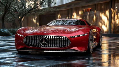 Crimson hypercar prowls a glassy courtyard of urban light.