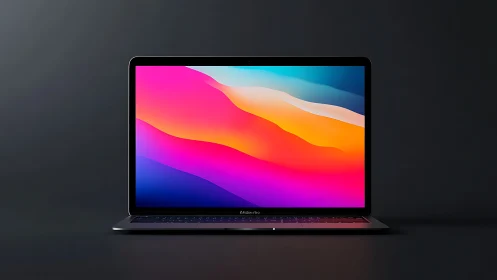 Front-facing laptop with vivid gradient display on dark stage.