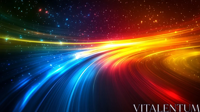 Colorful light trails curve through deep starry space