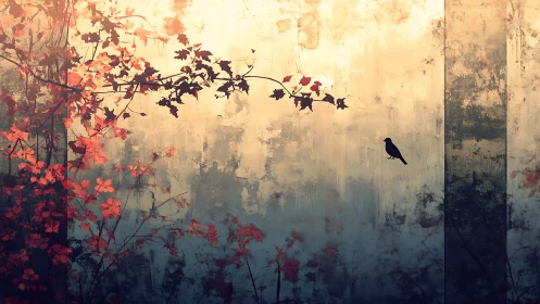 Solitary bird silhouette over autumn branches at dusk.