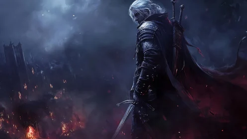 Brooding silver-haired warrior surveys a burning dark cityscape.