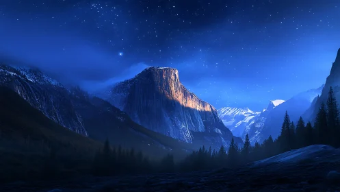 Starlit granite peak rises over a tranquil alpine valley