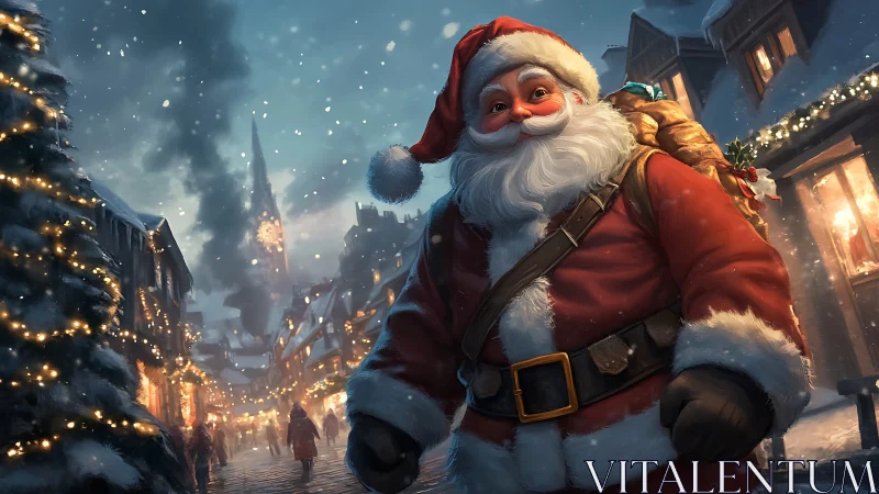Smiling Santa strolling through a cozy snowy Christmas street.