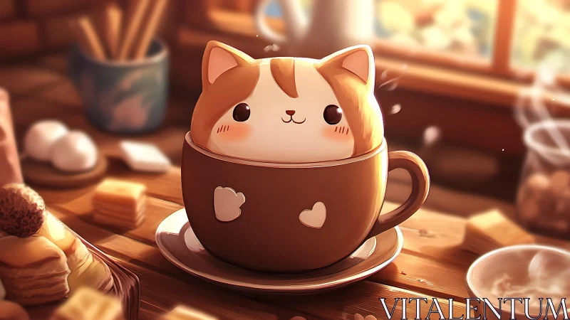 Marshmallow cafe kitten bobbing inside a heartwarm mug.