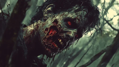 Grotesque zombie portrait with decayed face in forest.