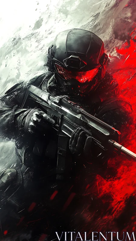 Helm of crimson glare, storm-walker in fractured battlefield.