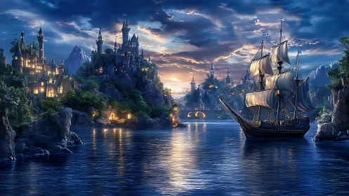 Moonlit galleon glides toward twin cliffside fantasy citadels.