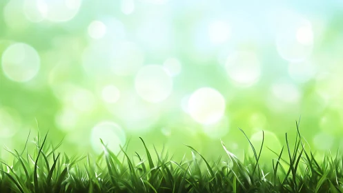 Fresh grass blades rise against soft green bokeh sky