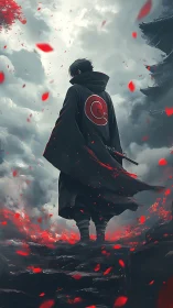 Cloaked swordsman walks stormy path through red petals
