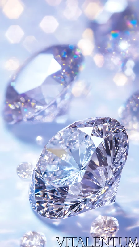 Cut diamonds scatter prismatic light across cool surface.