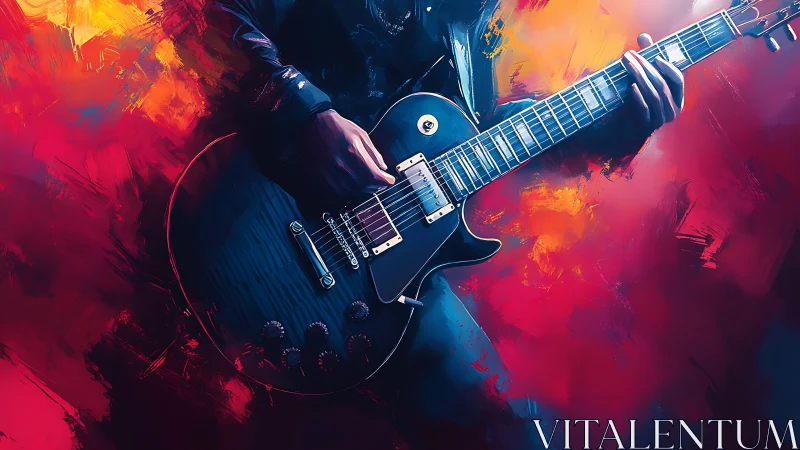 Electric guitar held by musician against abstract color field