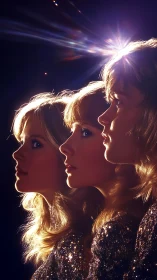 Triple-profile studio portrait with dramatic rim lighting effects