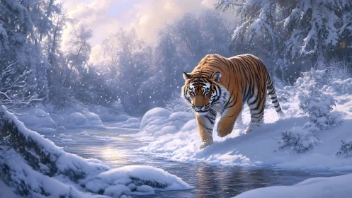 Winter river prowl with a quiet, confident snow tiger.