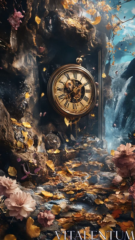Enchanted woodland clock cradled in falling golden leaves.