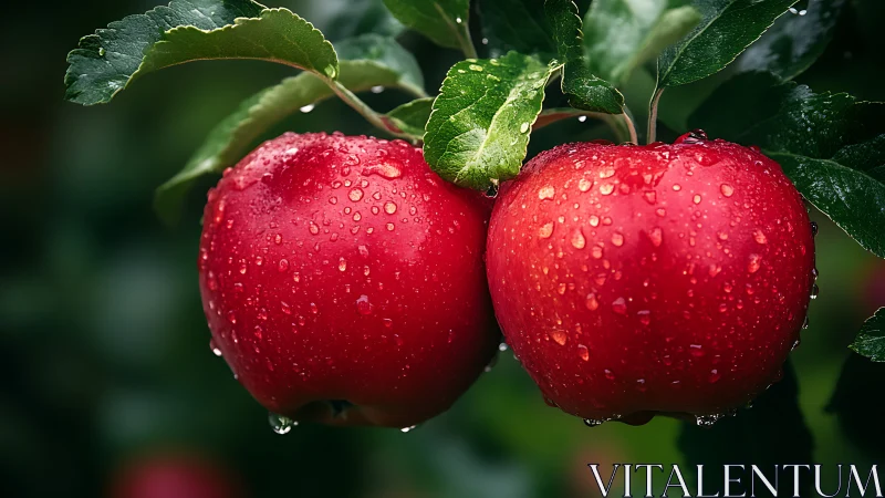 Two ripe red apples hang on tree branch after rainfall