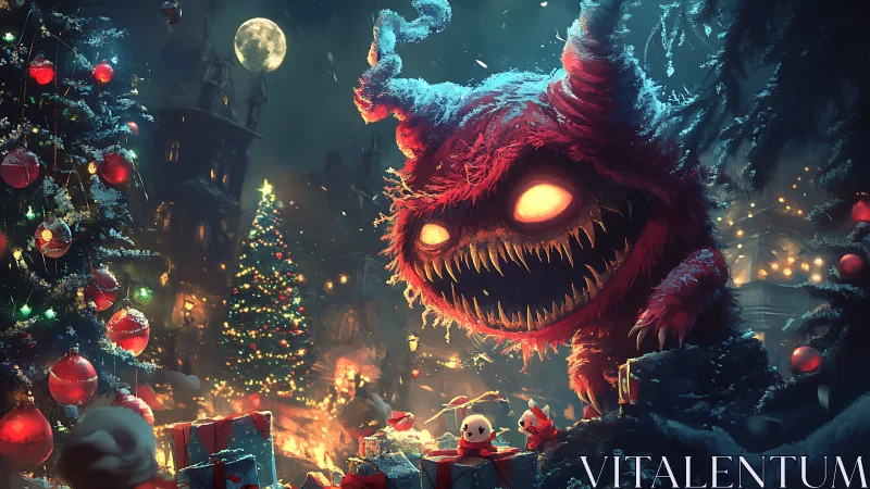 Grinning holiday monster hijacks a moonlit Christmas street