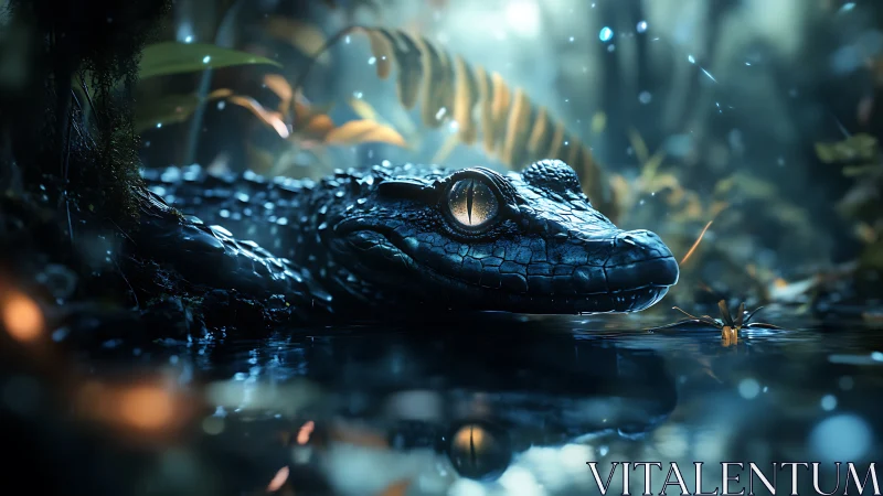 Cinematic nocturnal crocodile study in luminous wetland atmosphere.