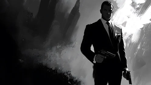 Suit‑clad armed man stands in high‑contrast monochrome scene