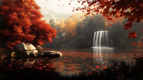 Autumn forest lake with waterfall and glowing red foliage.