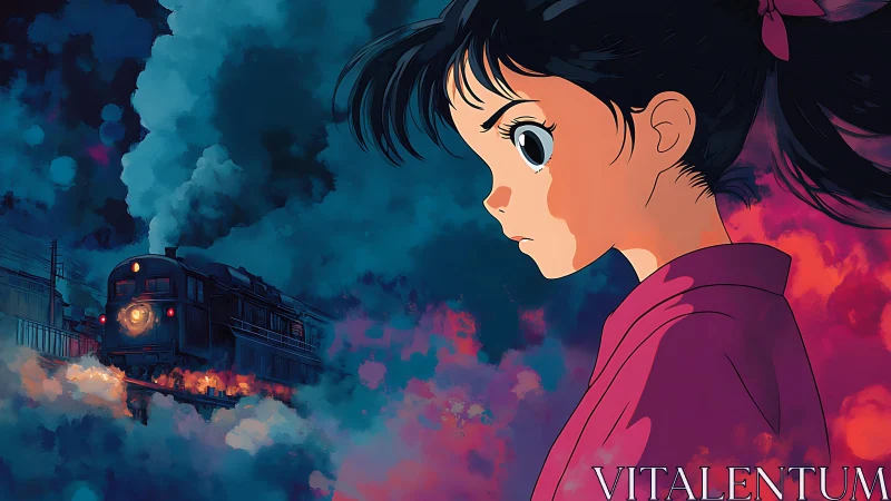 Melancholic anime girl facing glowing night train clouds.