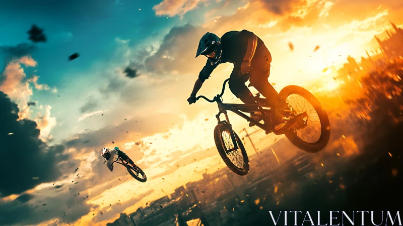 Extreme Mountain Biker Mid-Air Against Golden Sunset Sky.