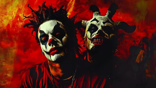 Sinister clown duo against blazing infernal red backdrop.